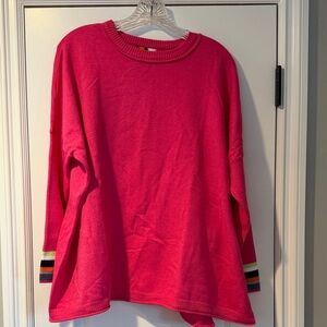 NIC+ZOE Bright Pink Sweater with Multicolor Striped Cuffs